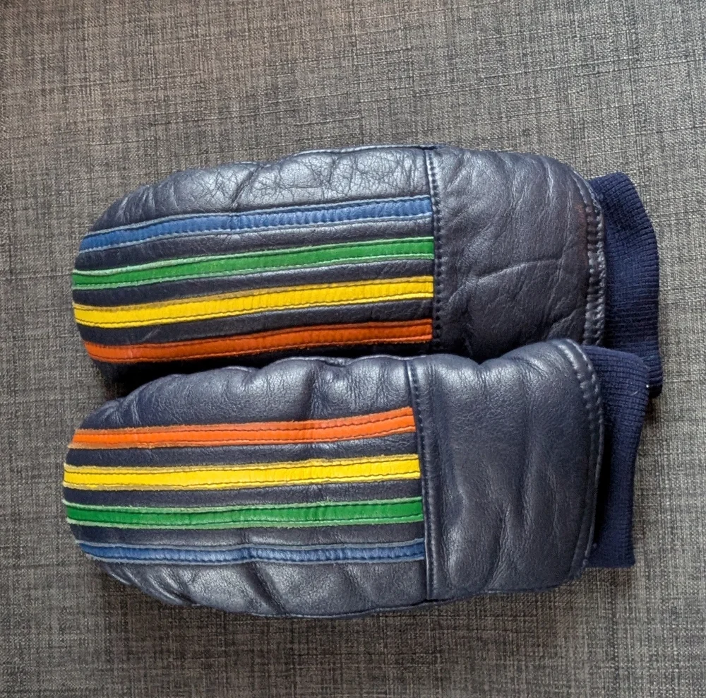 Grandoe Children Size Medium Colorful Striped Leather Mittens With Down